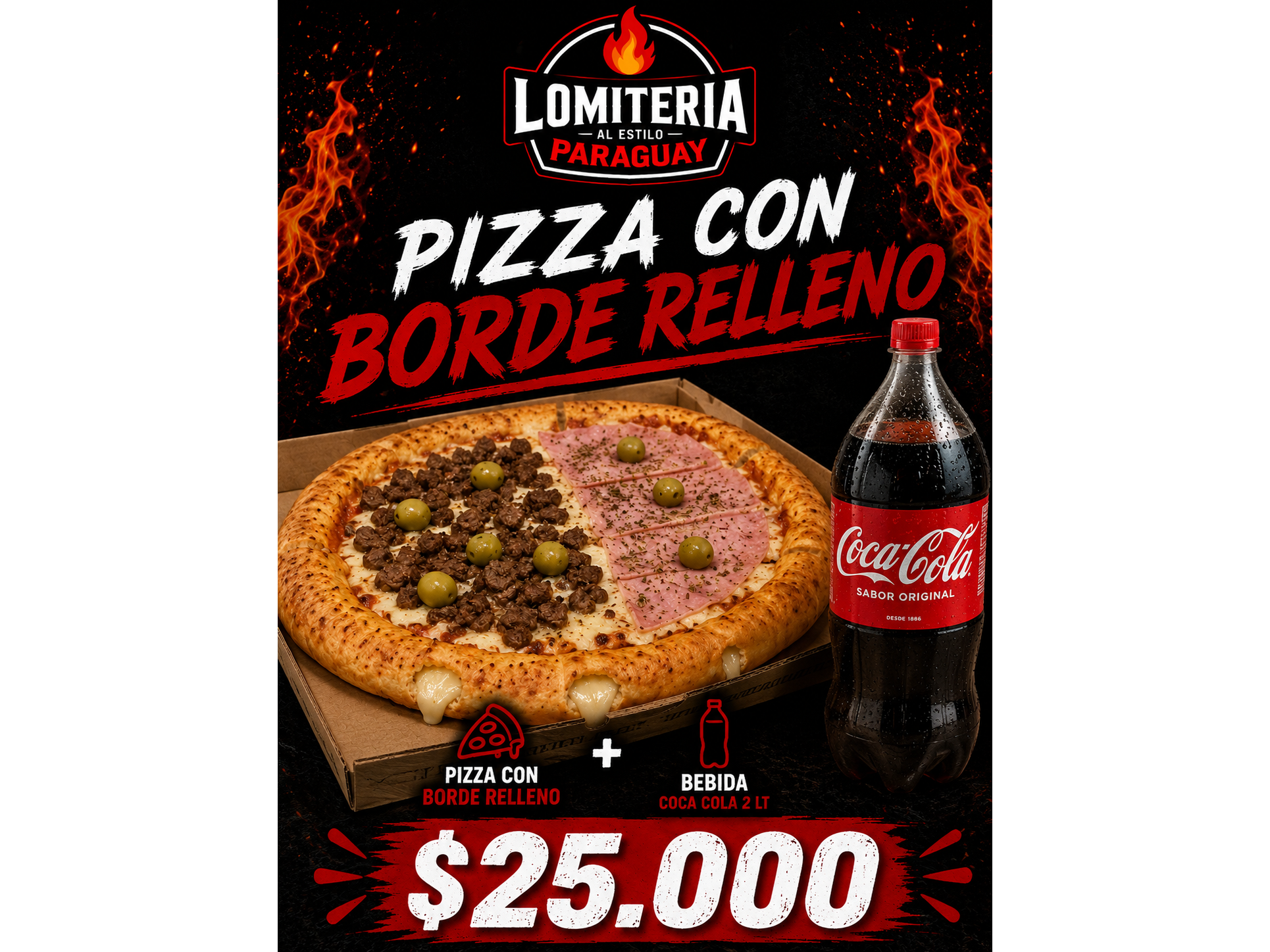 Pizza con borde relleno + bebida grande