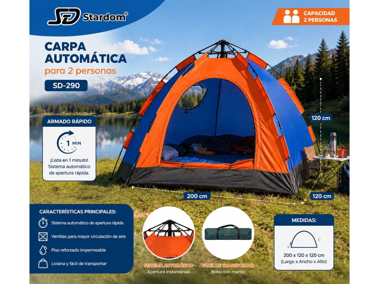 ⛺🌲Carpa Automática para 2 Personas – Cod. SD-290 🌲⛺