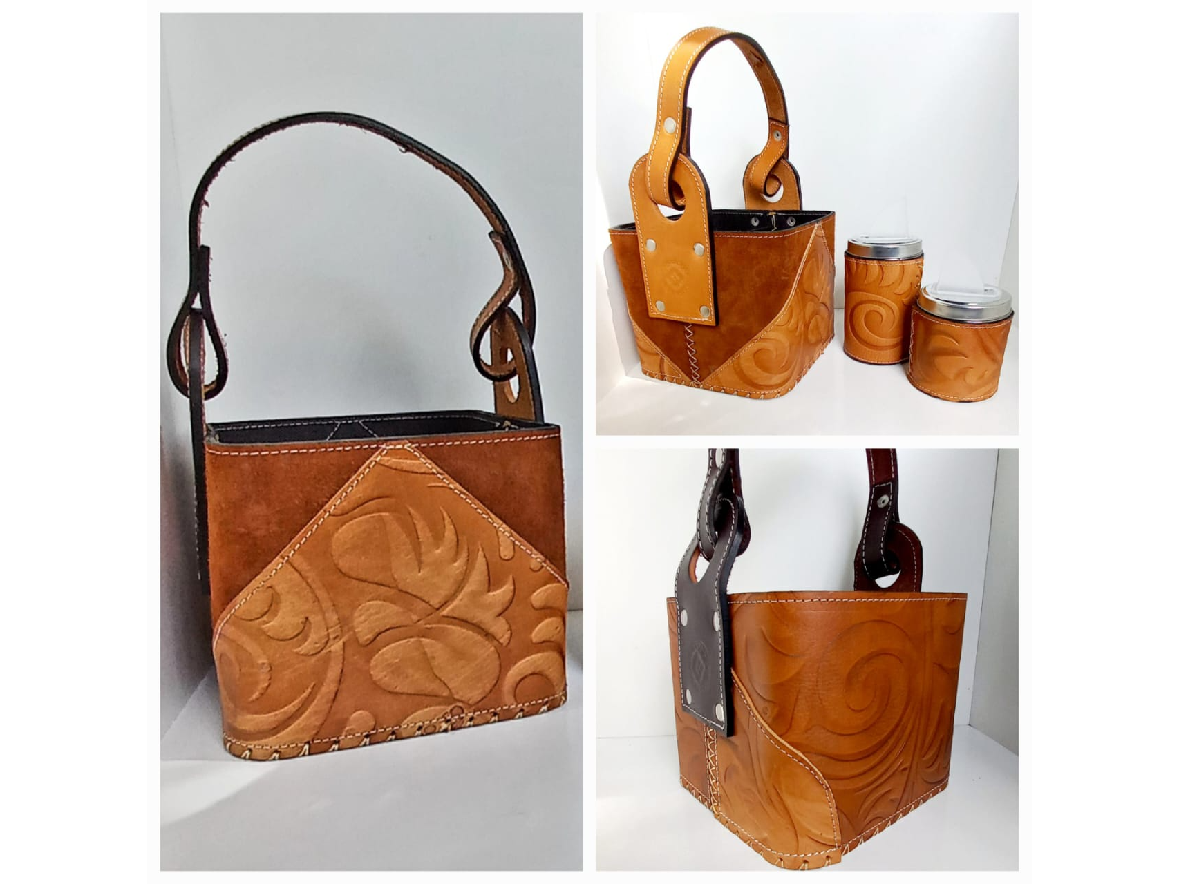 Canasta Flor cuero trabajado