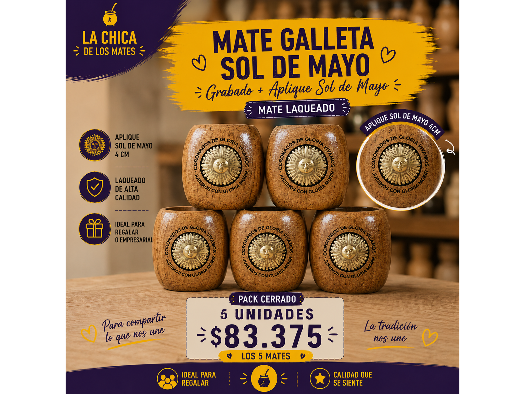 PACK MATE GALLETA APLIQUE SOL DE MAYO + GRABADO