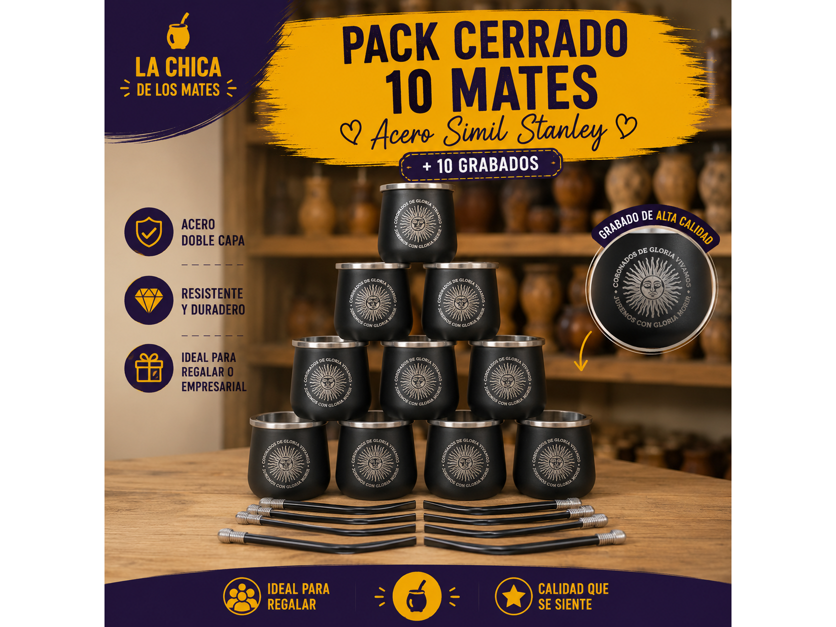 MATE ACERO + GRABADO + BOMBILLA
