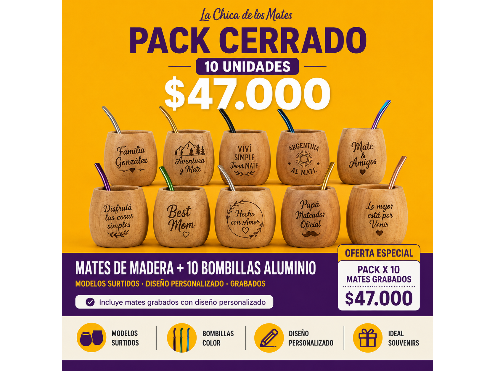PACK CERRADO 10 MATE + BOMBI + GRABADO