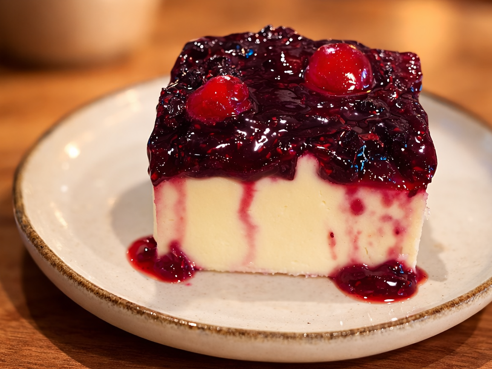 Cuadrado de cheesecake de frutos rojos.