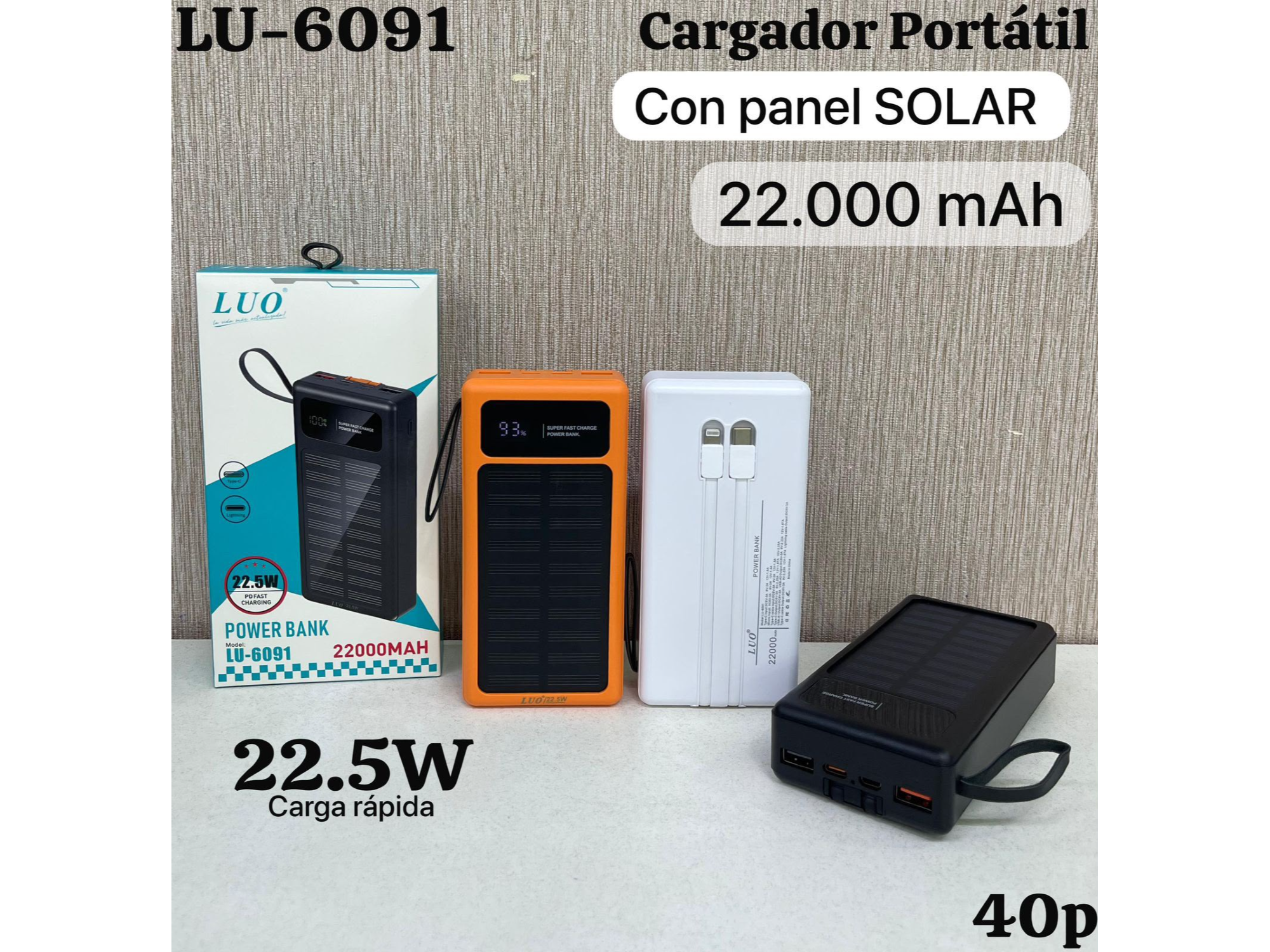 CARGADOR PORTATIL 22.000 MHA CON CARGA SOLAR