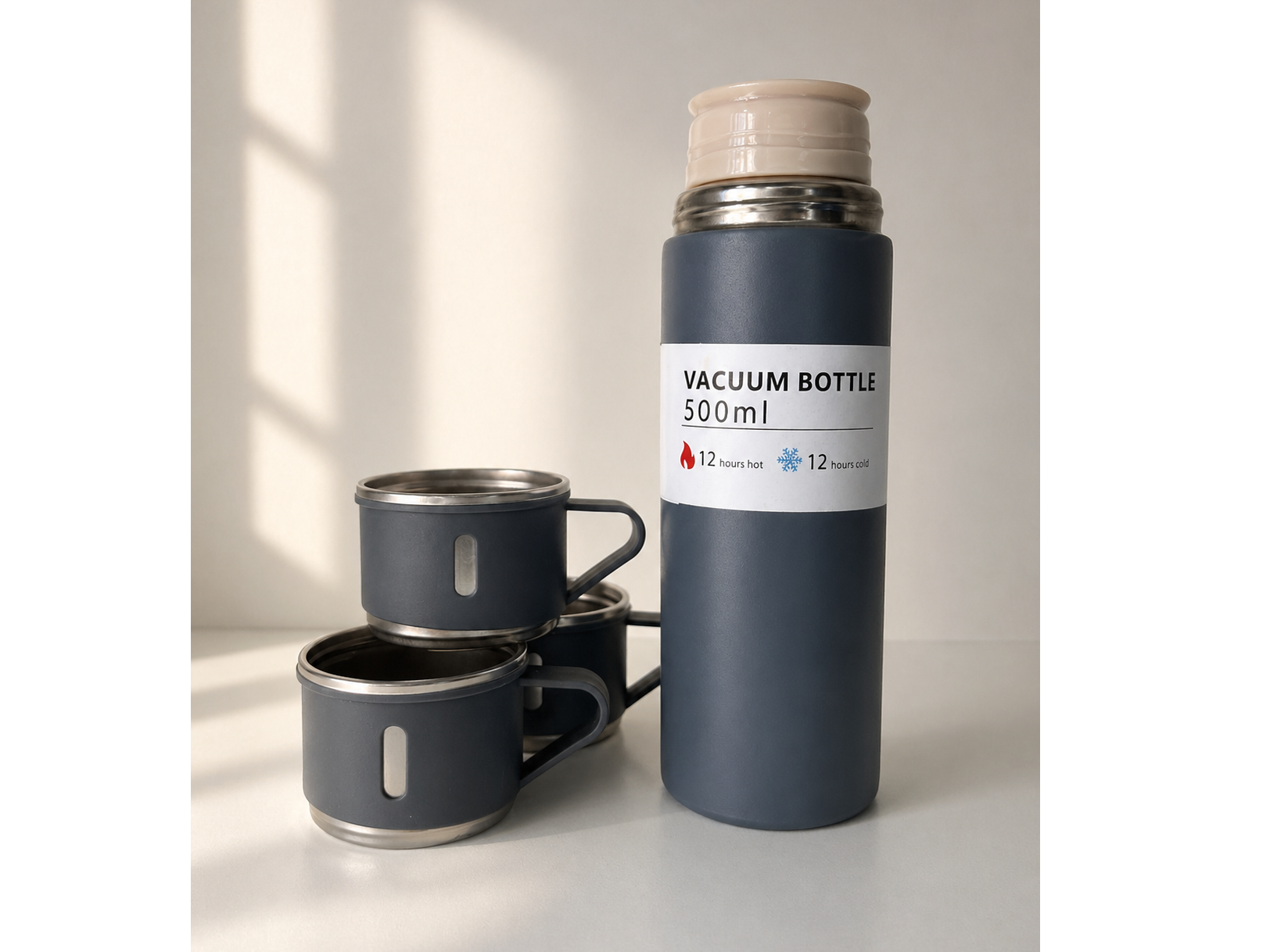 TERMO ACERO DE 500cc. CON TAPA TAZA + 2 TAZAS EN CAJA (SOLO FRIO) - COD.: 863