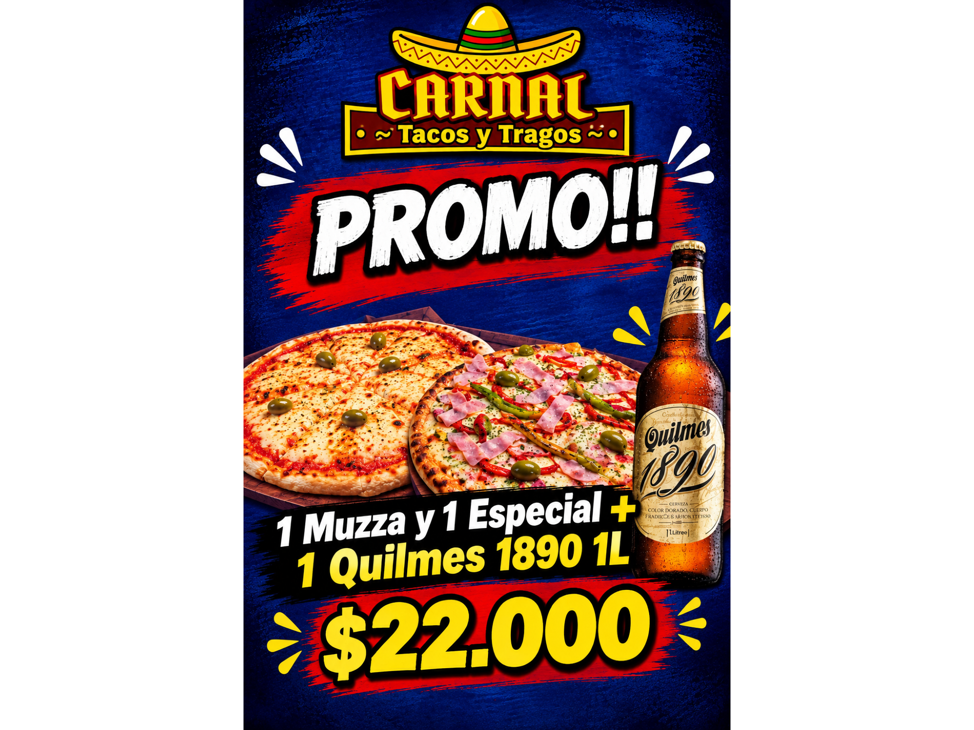 2 Pizzas(Muza y Especial) + 1 Cerveza 1L