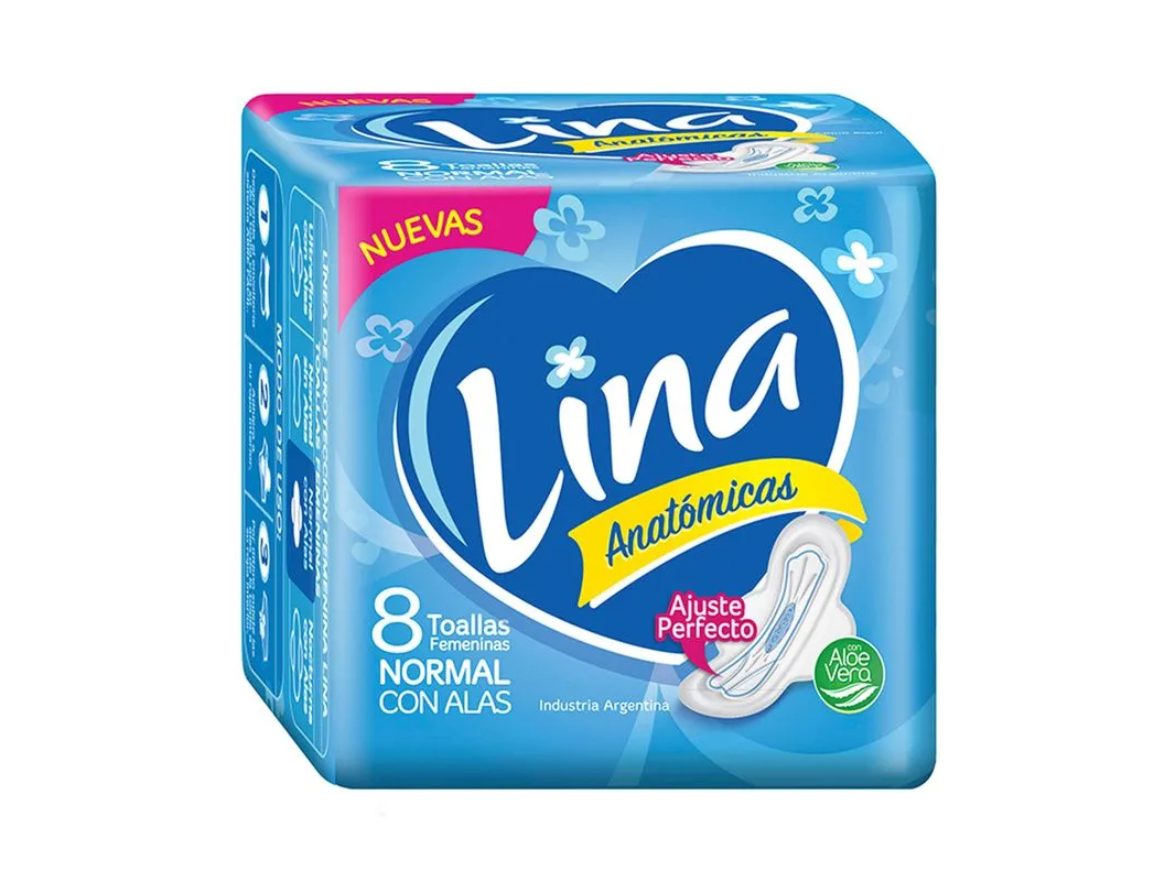 TOALLAS FEMENINAS LINA C ALAS ANATOMICAS x 8 UN