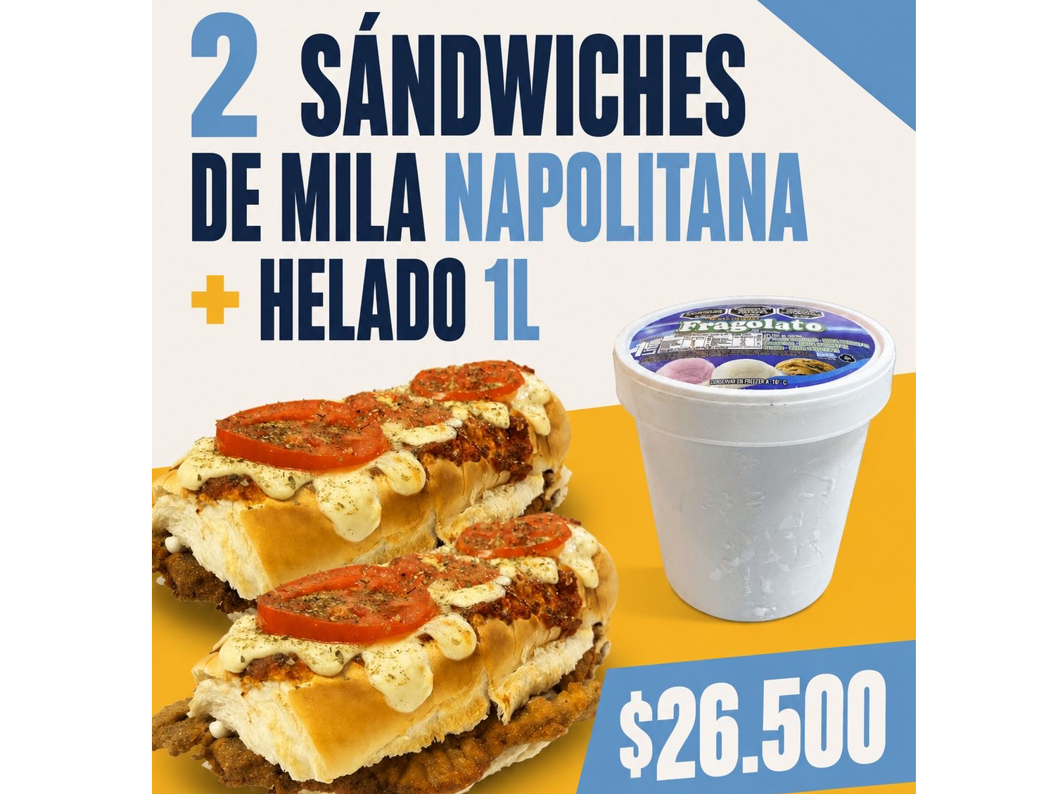 2 SANDWICHES DE MILA NAPOLITANA + HELADO 1L