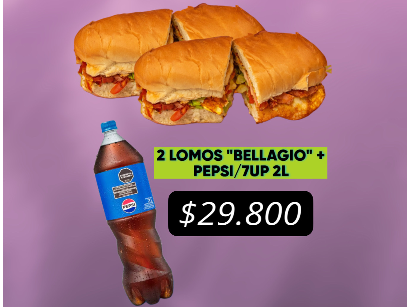 2 LOMOS ¨BELLAGIO¨ + PEPSI/7UP 2L