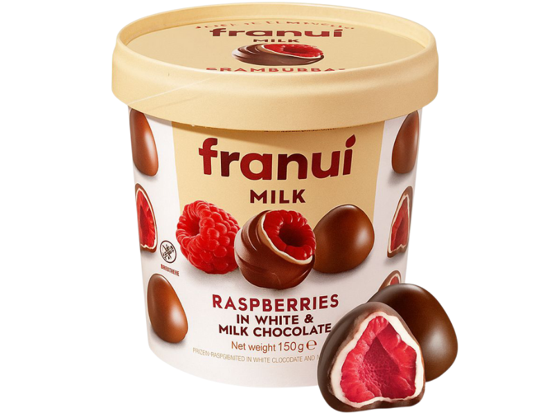 Frambuesas bañadas con chocolate con leche y blanco