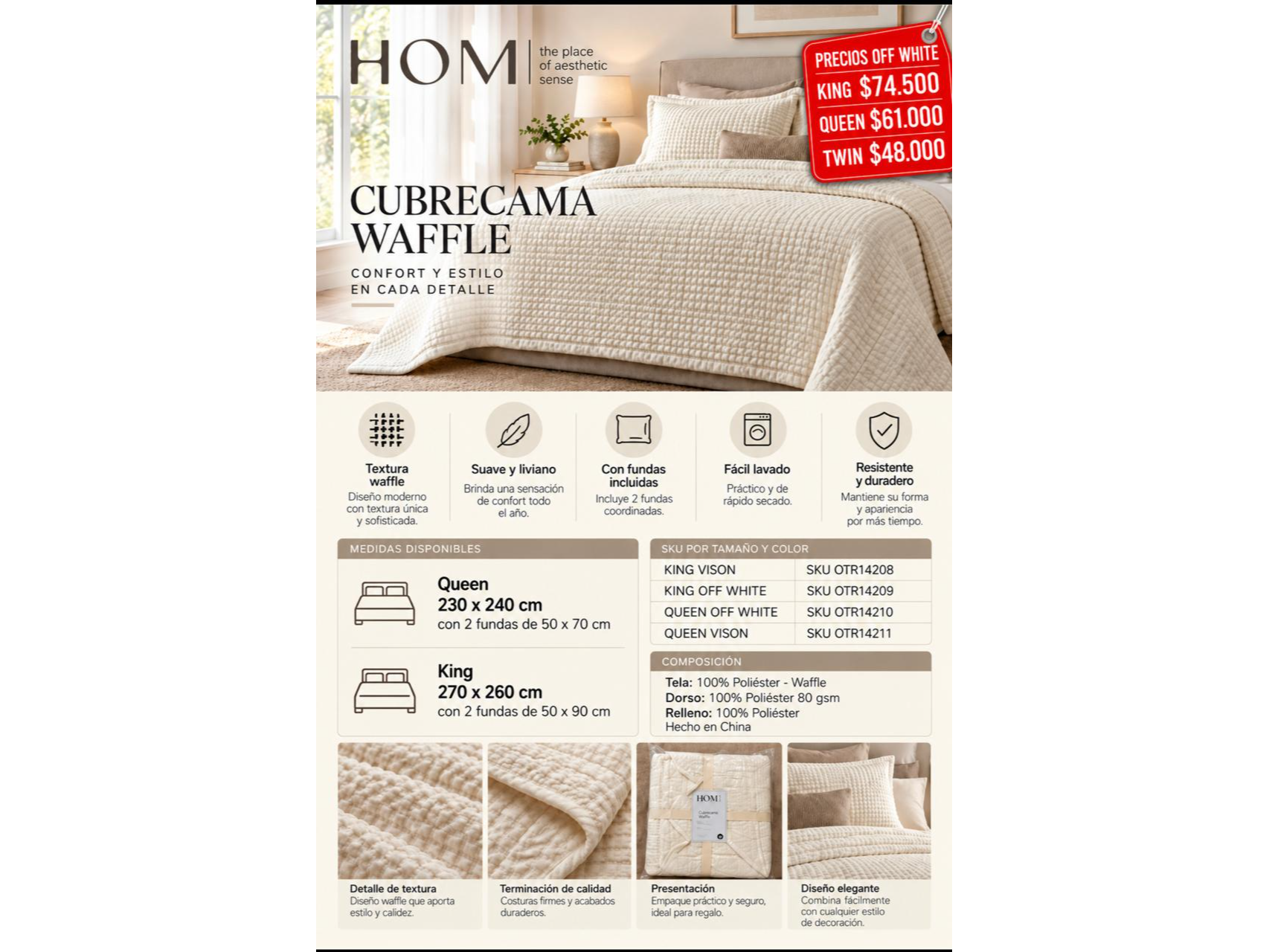 CUBRECAMA WAFLLE QUEEN CON FUNDAS