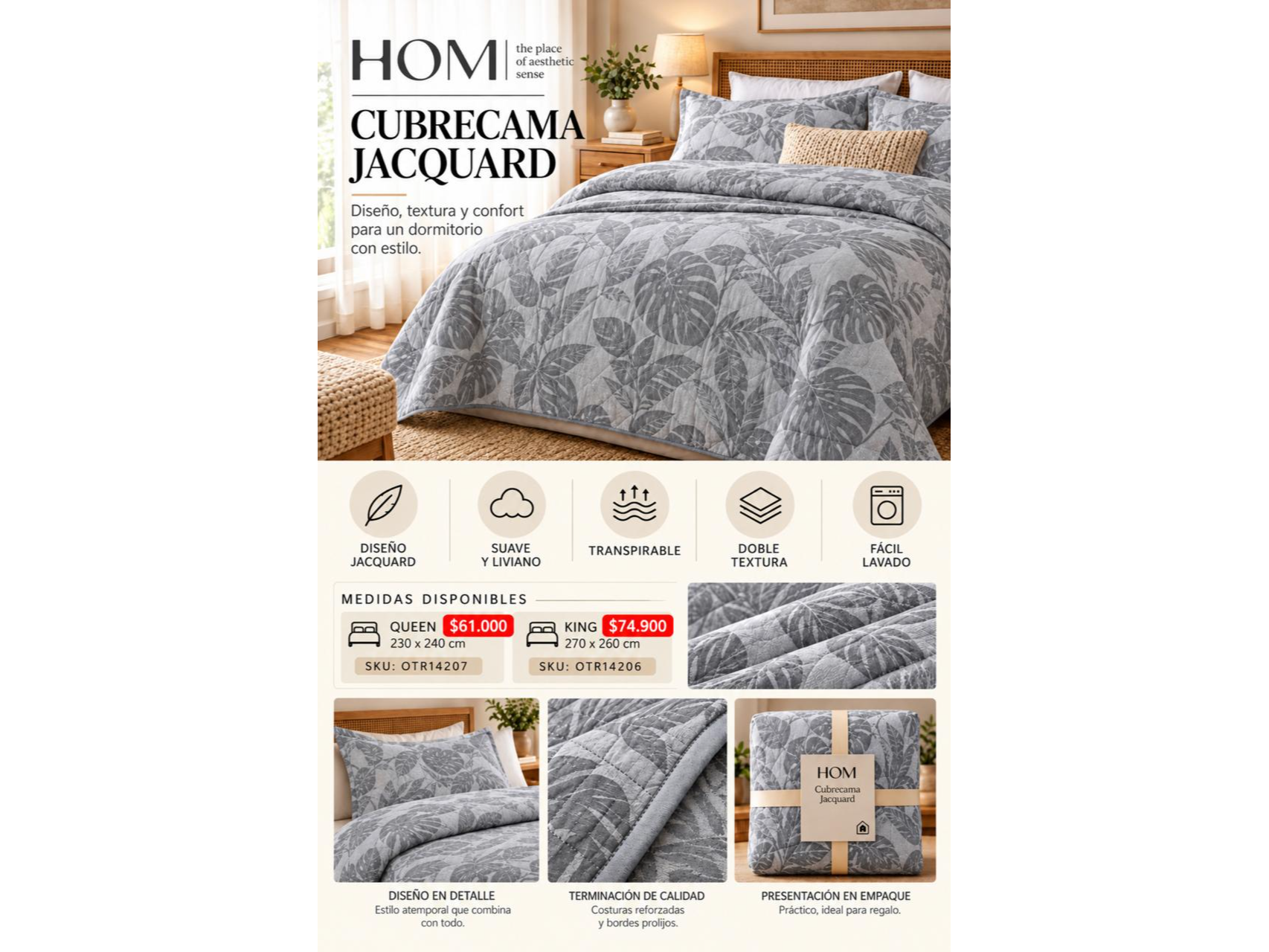 CUBRECAMA JACQUARD HOJAS QUEEN