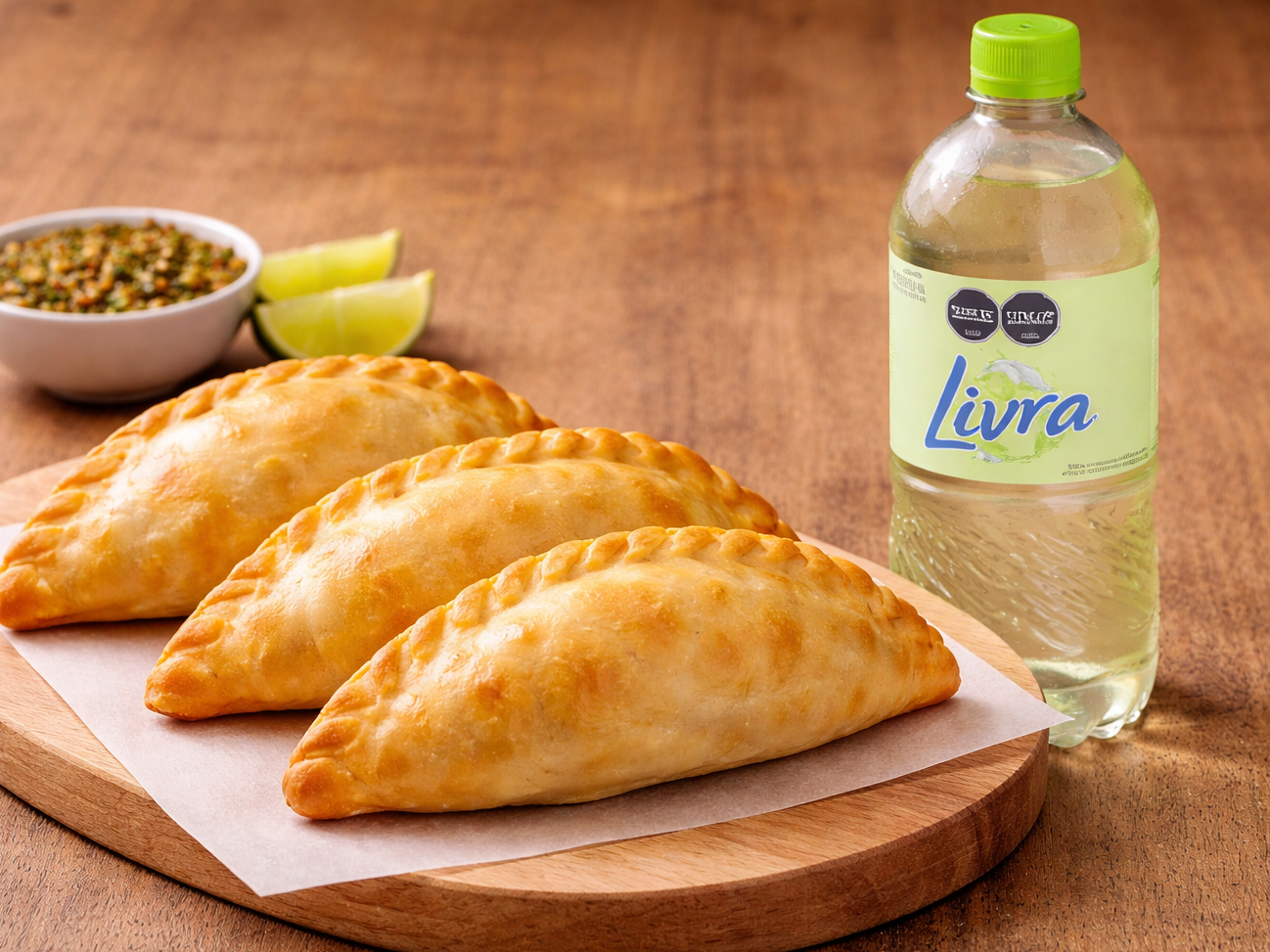 3 empanadas + agua saborizada Livra 500ml
