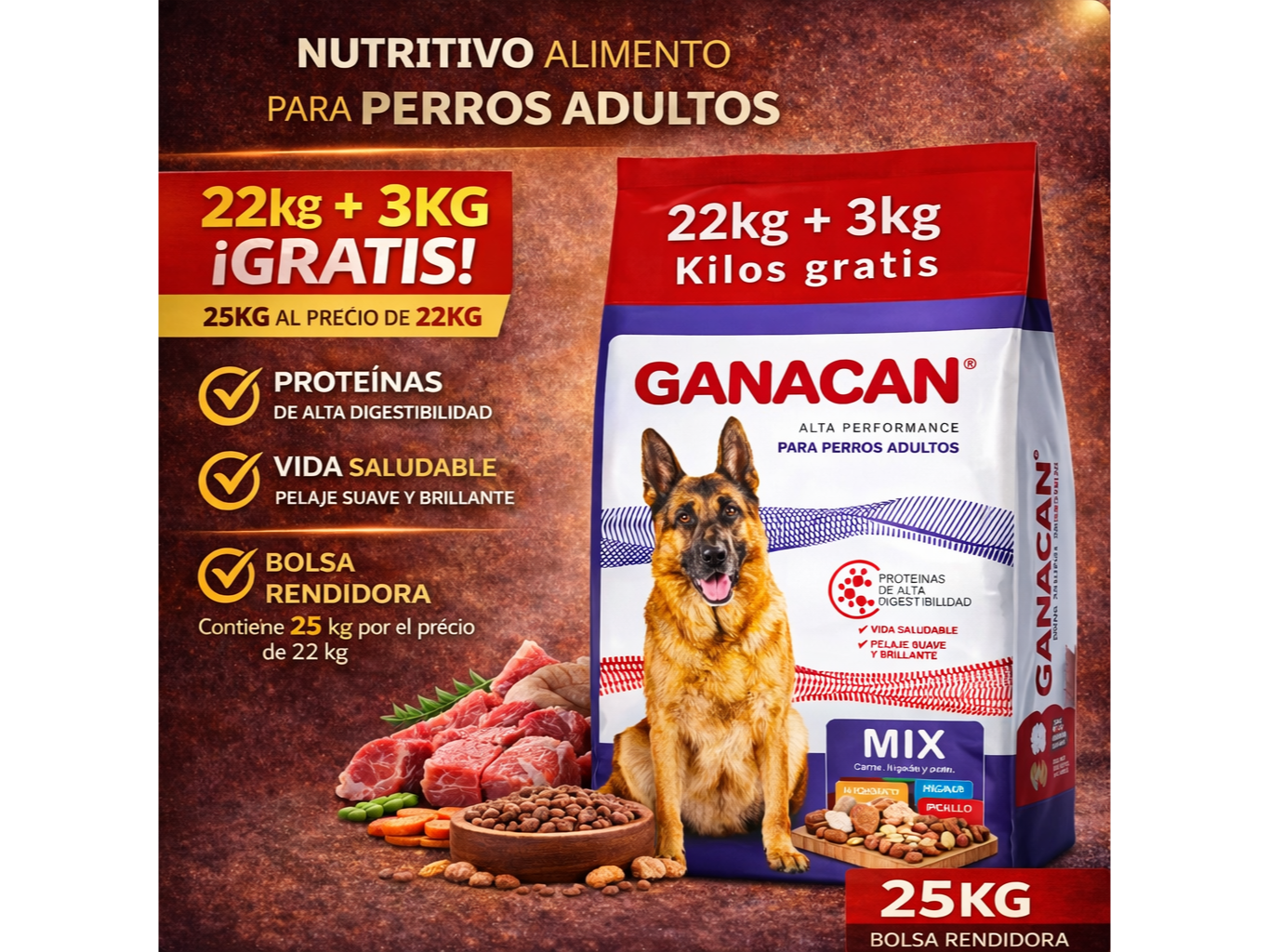 Ganacan Mix Adulto x 22kg + 3kg Gratis