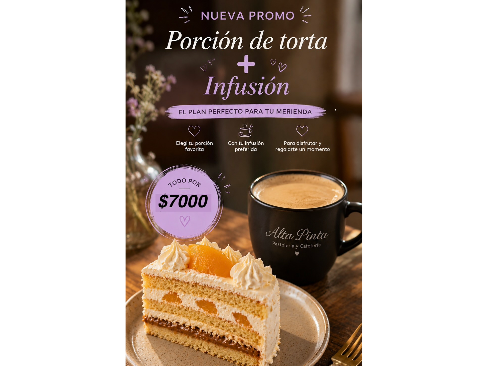 Porción de torta a elección + infusión
