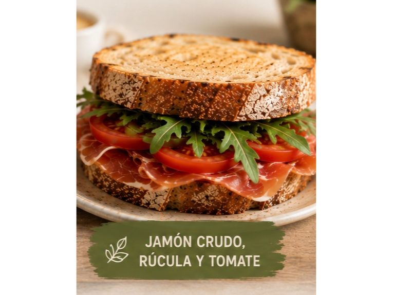 Sandwich con pan de masa madre con rúcula, jamón crudo, tomate y queso