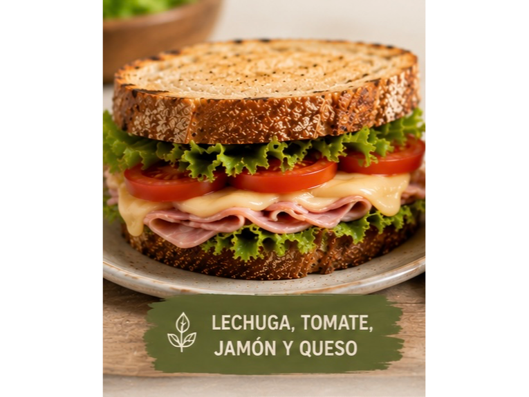 Sándwich con pan de masa madre relleno con: lechuga, tomate, jamón y queso