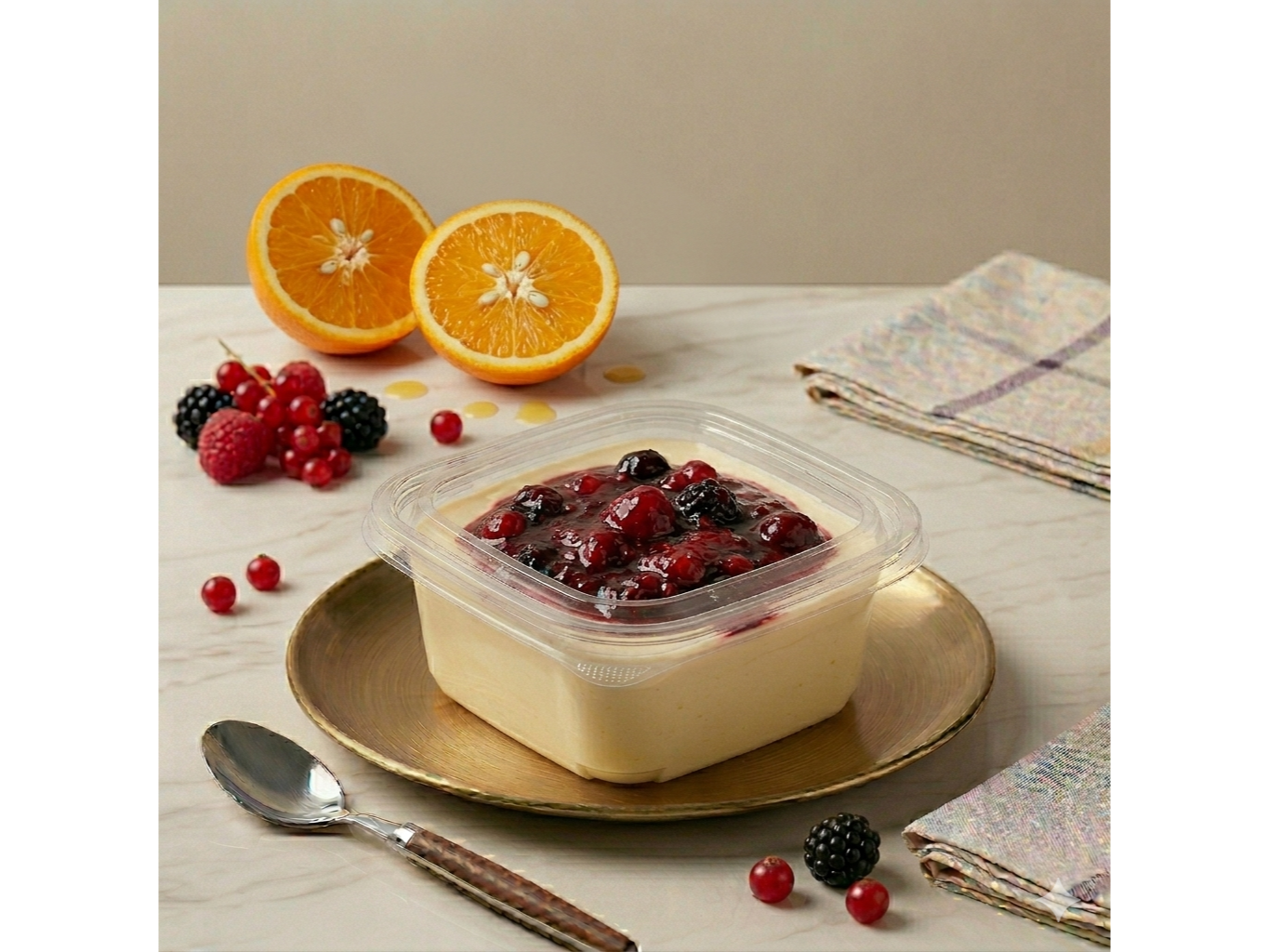 Mousse de naranja con frutos rojos