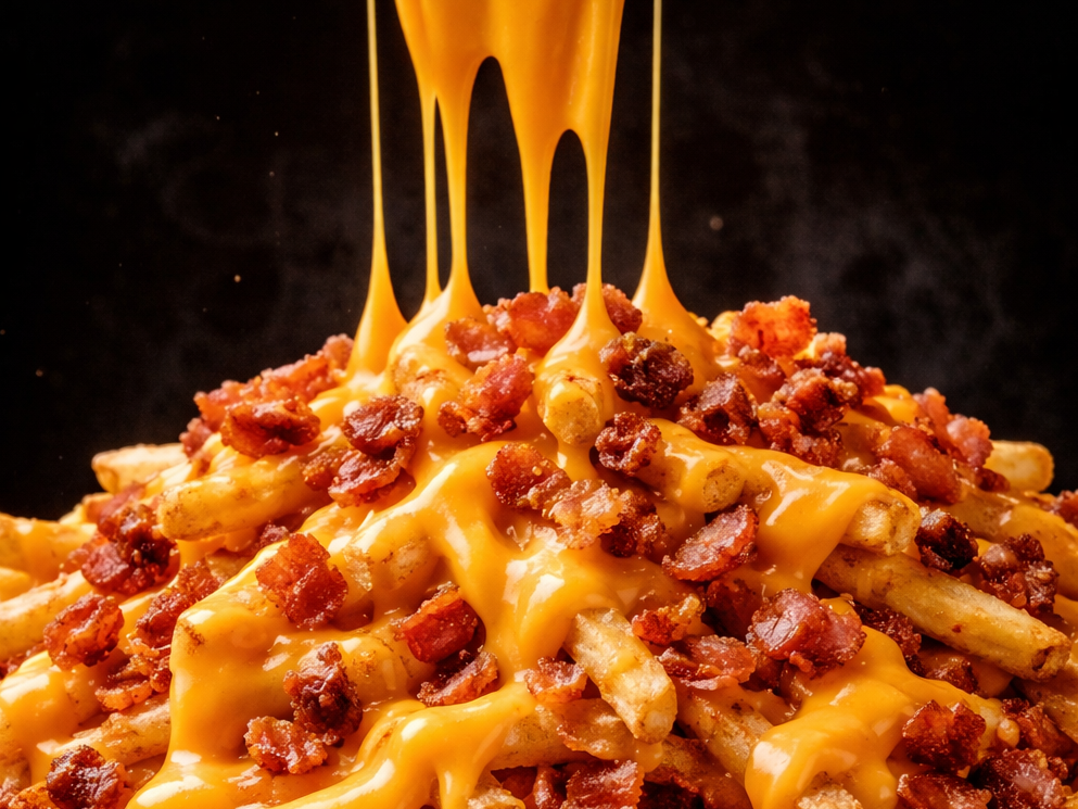 PAPAS FRITAS CON CHEDDAR Y PANCETA