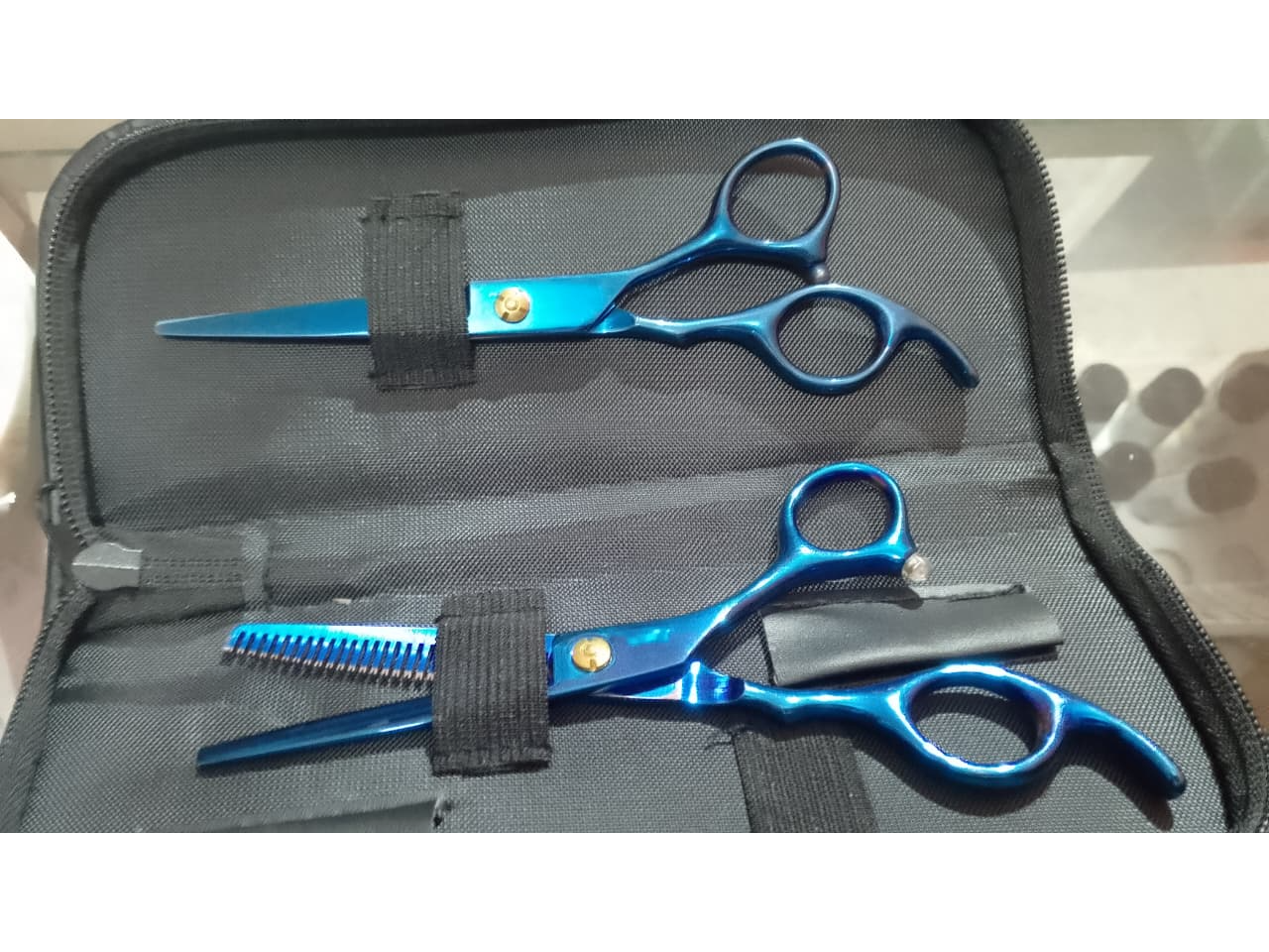 Tijera X2 corte + entresacar+estuche Azul C/5