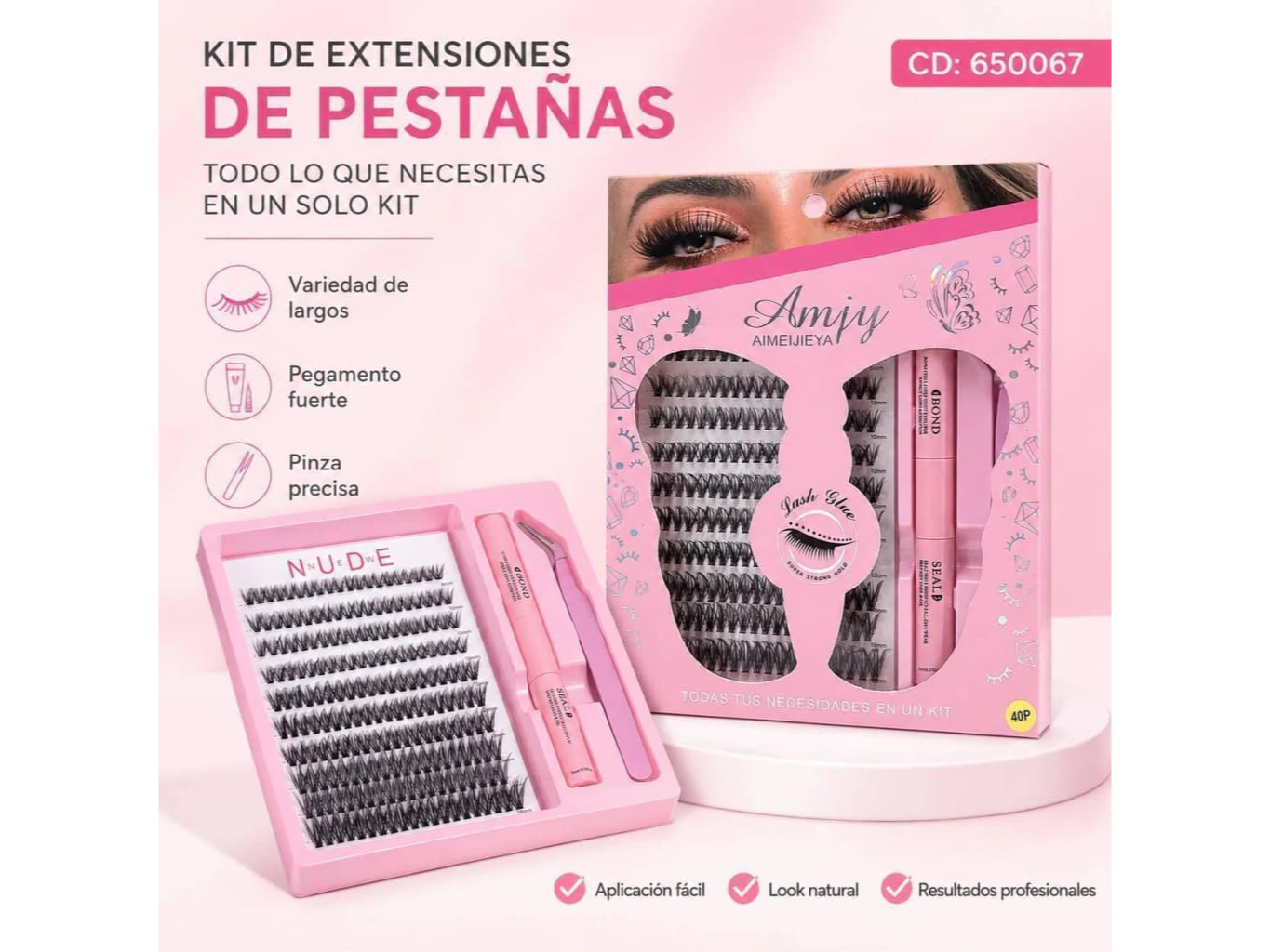 Pestañas + pegamento + pinza