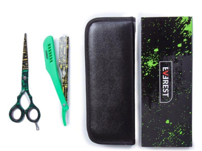 Tijera Profesional Microdentada 6 +  Navaja con funda de cuero verde y negro C/4