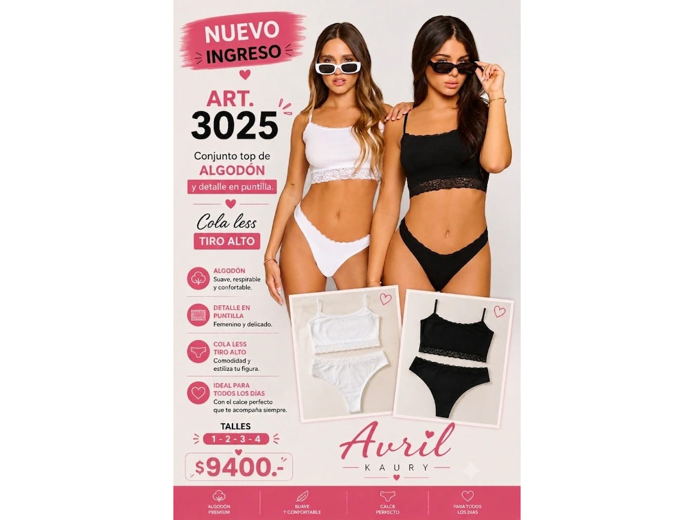 Conjunto top de algodón y detalle en puntilla. Cola less tiro alto. Art 3025