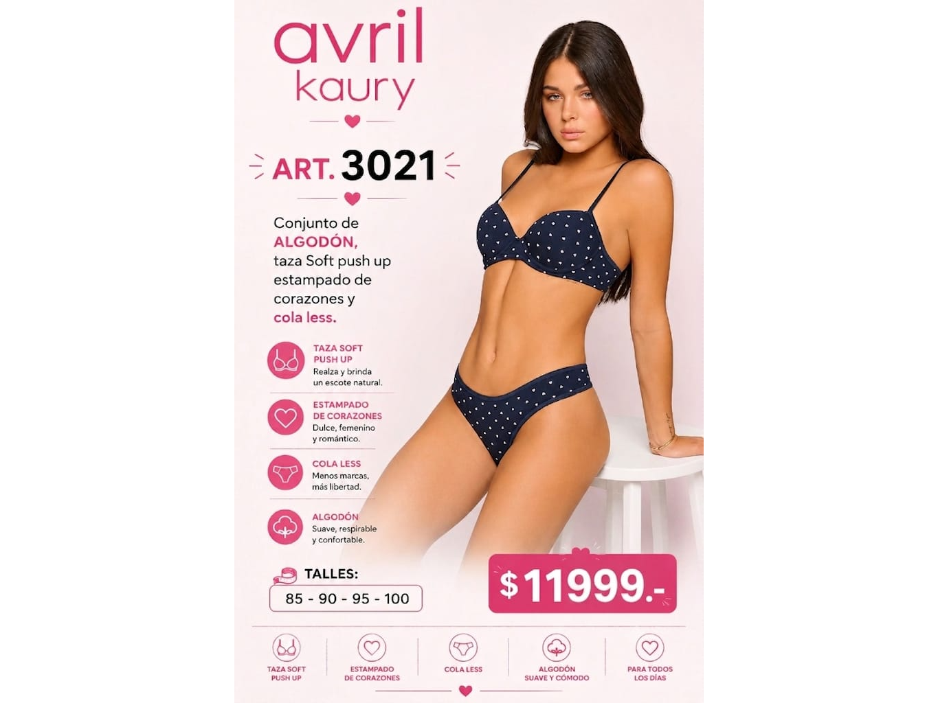 Conjunto de algodón, estampado de corazones y cola less. Art 3021