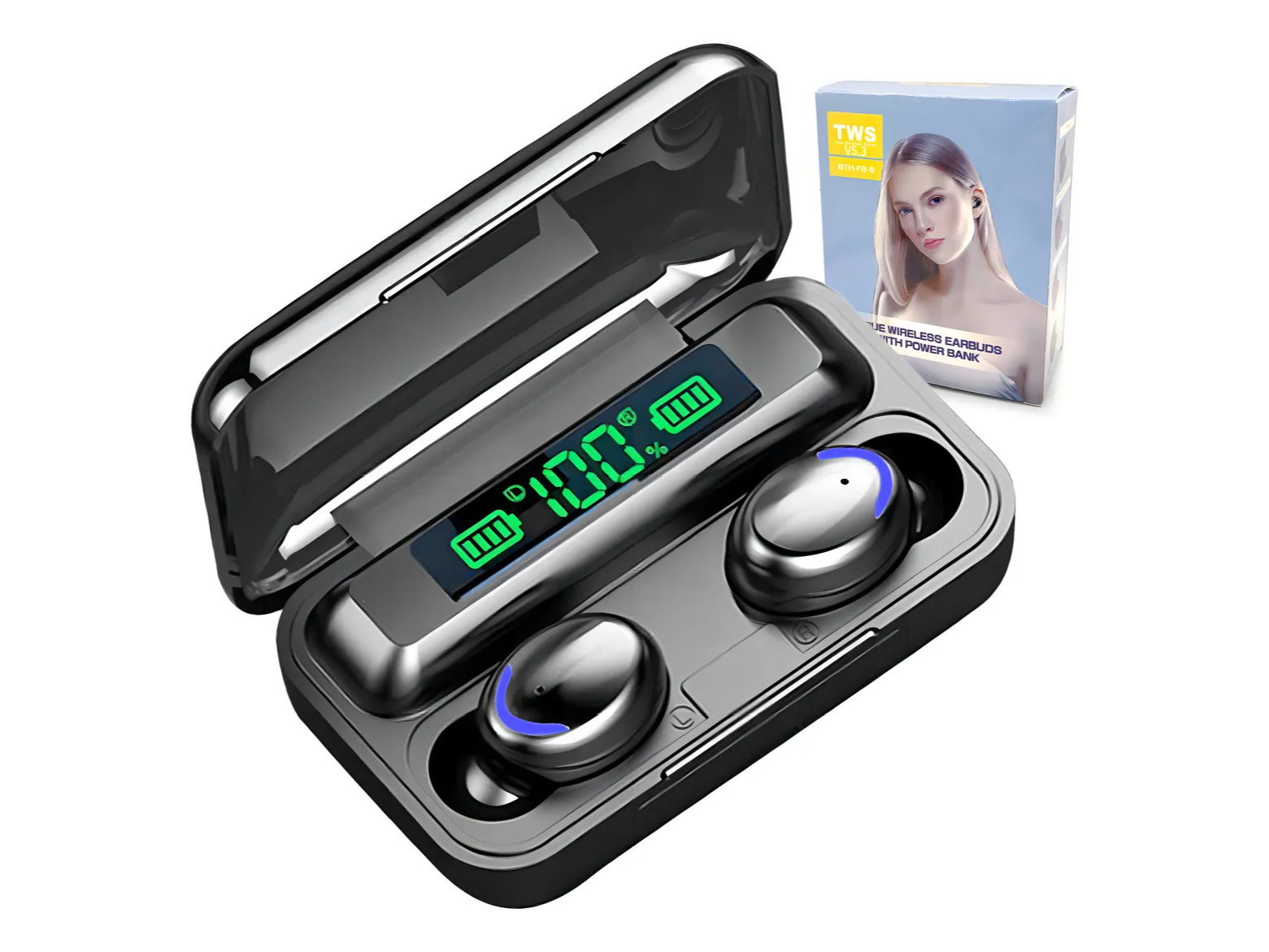 Auriculares F9-5 Inalámbricos Bluetooth Powerbank - Otec Color Negro Luz Azul Marino