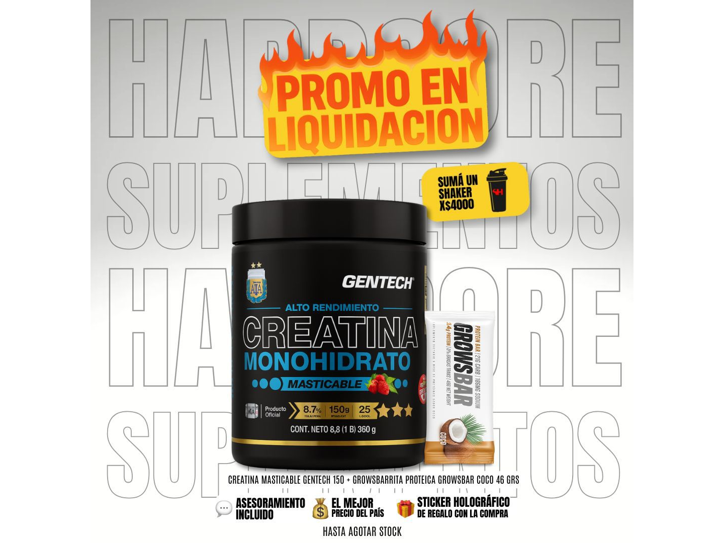 CREATINA MASTICABLE GENTECH 150 + GROWSBAR BARRITA PROTEICA COCO 46 GR
