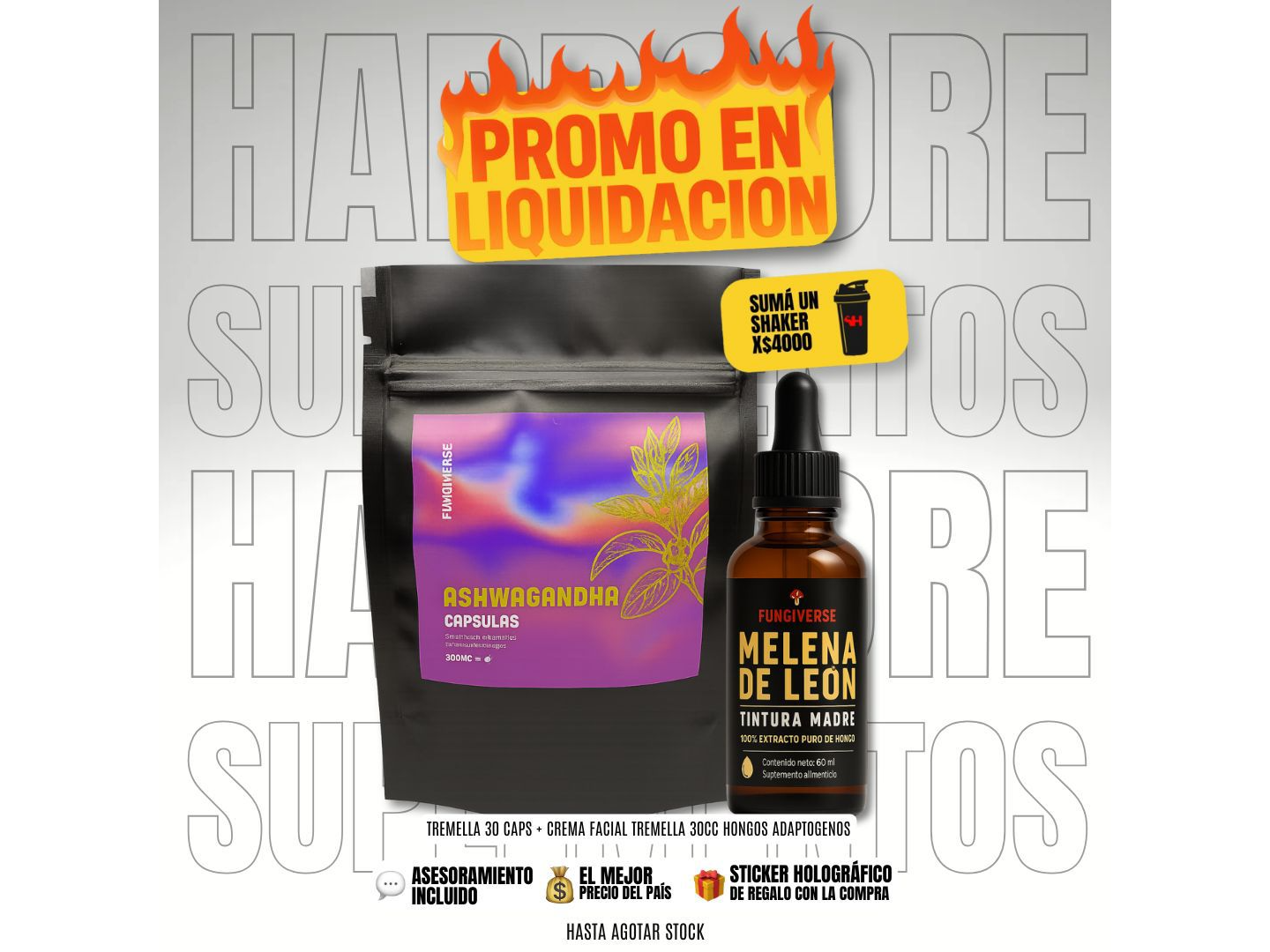 ASHWAGANDHA 30 CAPS + MELENA DE LEON 30CC HONGOS ADAPTOGENOS