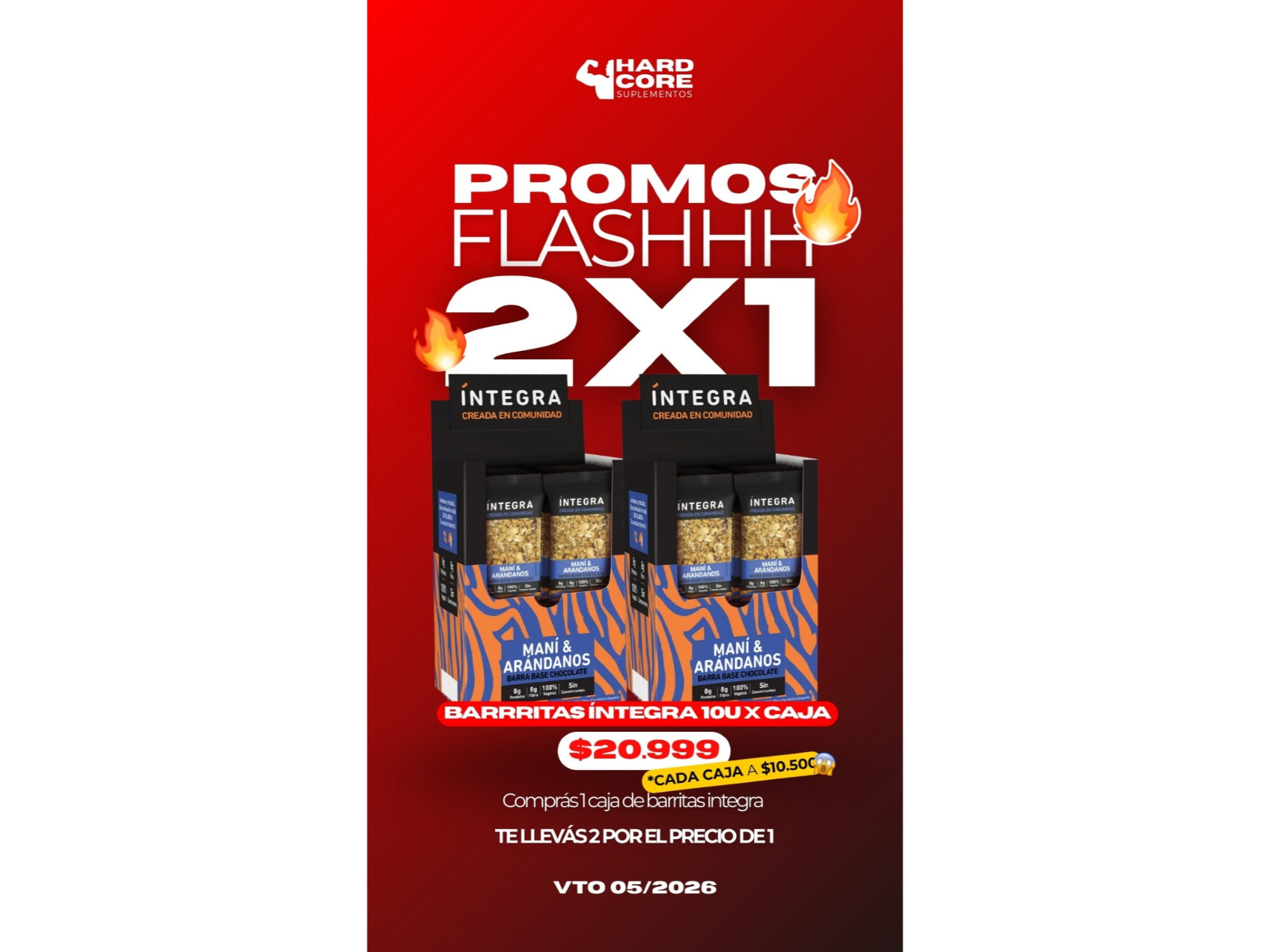 X2 UNIDADES BARRITAS ÍNTEGRA 10U X CAJA SABOR MANÍ Y ARANDANOS