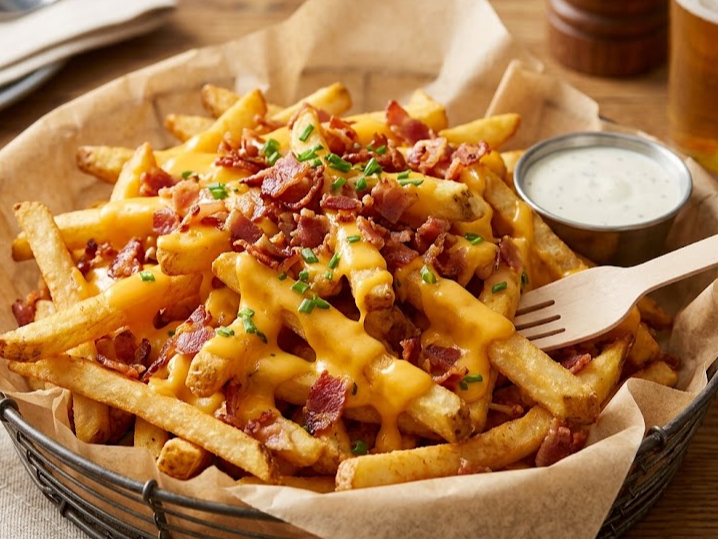 Papas fritas con cheddar y bacon