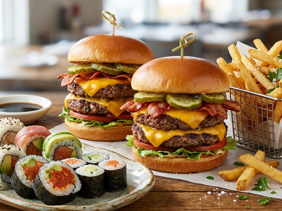 Combo 10: 10 sushi y 2 burgers dobles