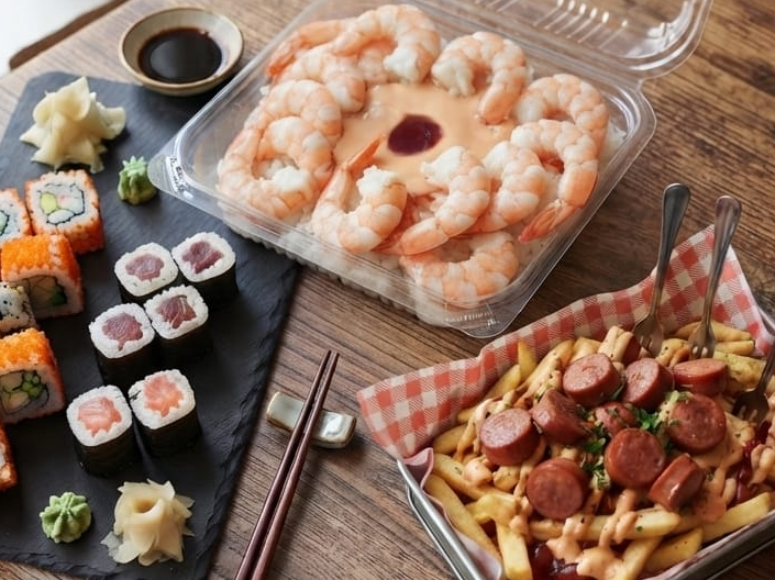 Combo 9: 10 sushi, box de langostinos y salchipapas