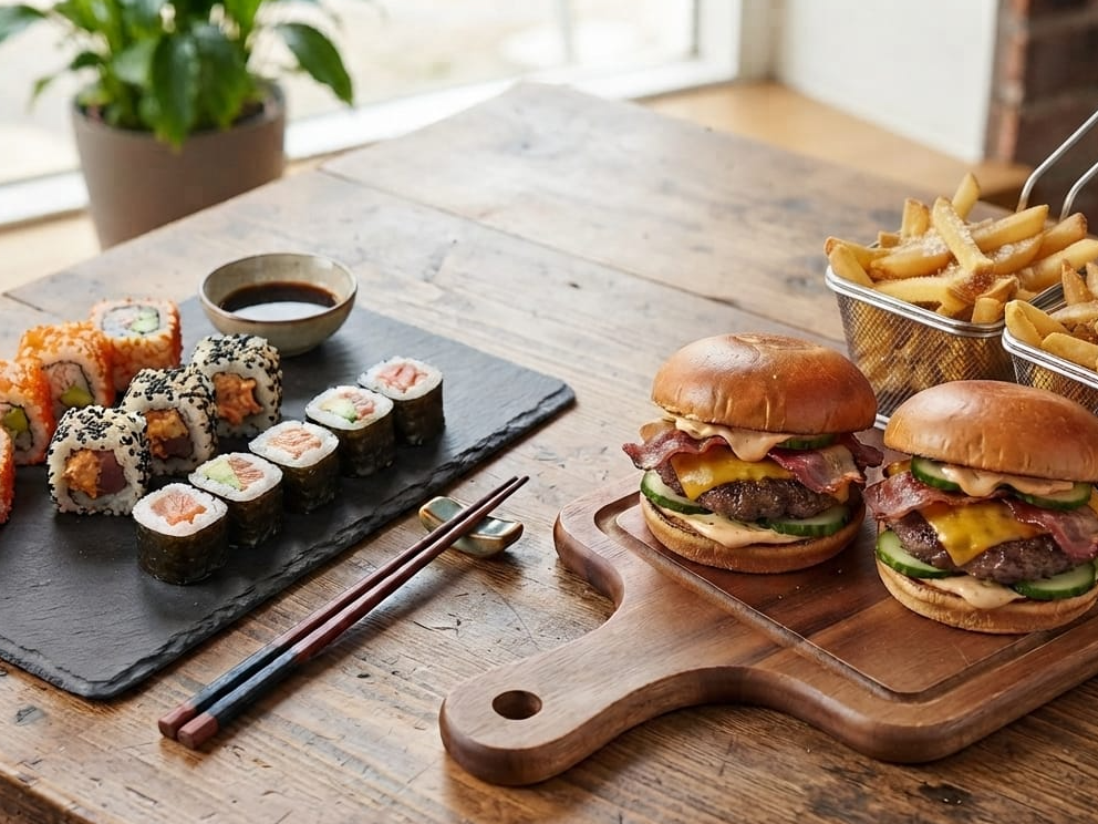 Combo 6: 10 sushi y 2 burgers simples