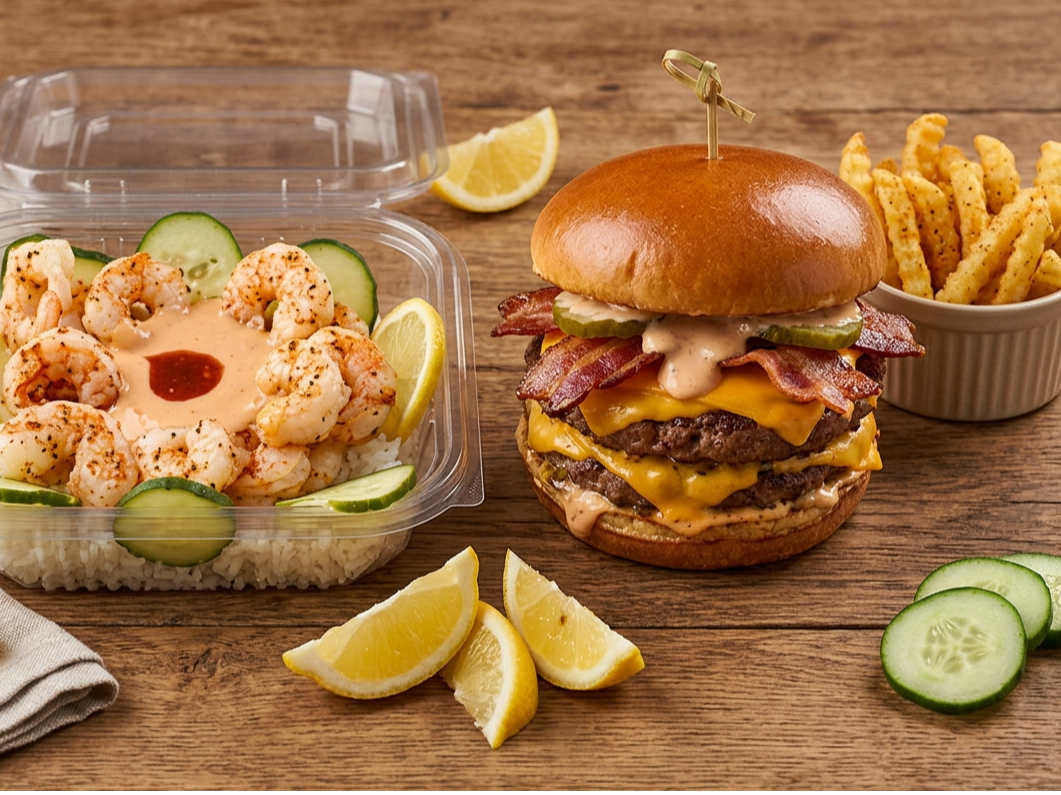 combo 8: burger doble y box de langostinos