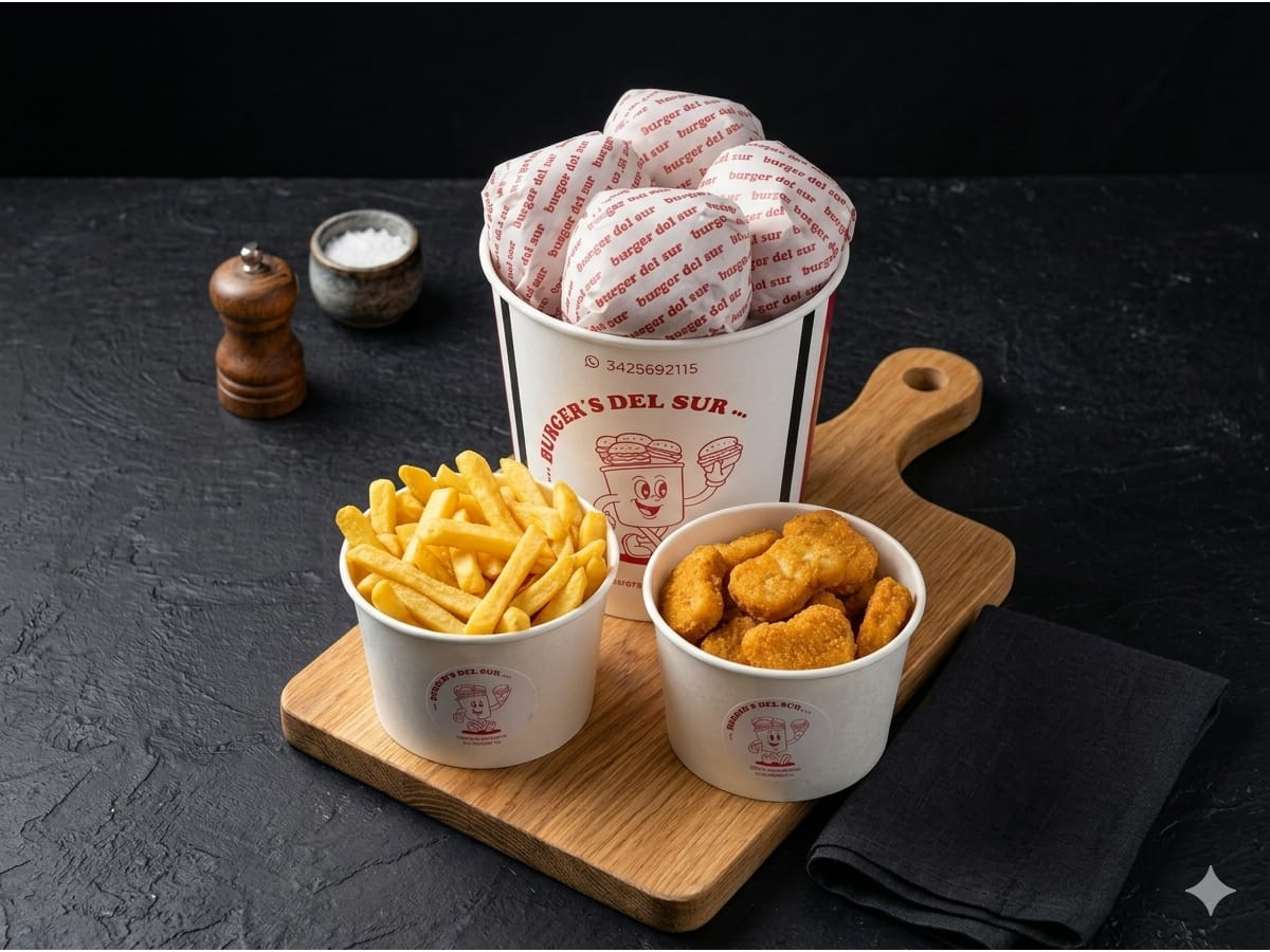 BALDE DE BURGERS + BALDE DE PAPAS L + BALDE DE NUGGETS L