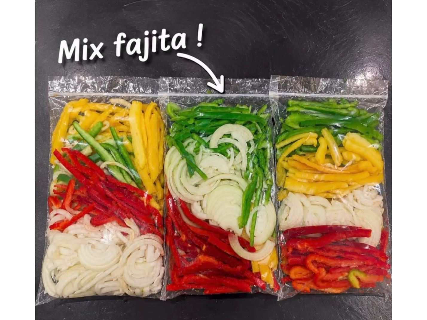 Mix Fajitas Morron Rojo, Amarillo, verde y Cebolla 500g