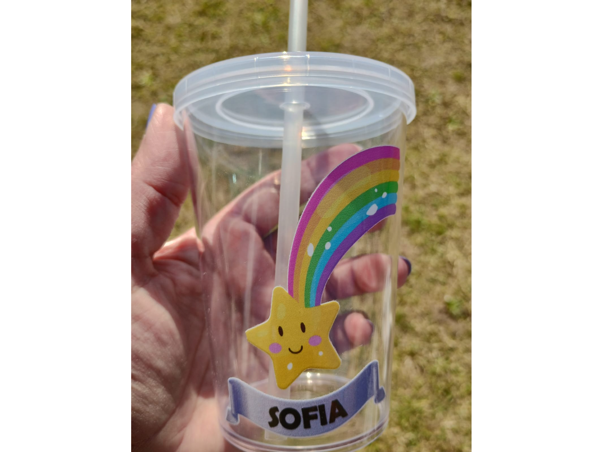 VASO CRISTAL CHICO PERSONALIZADO CON TAPA DE COLOR Y SORBETE