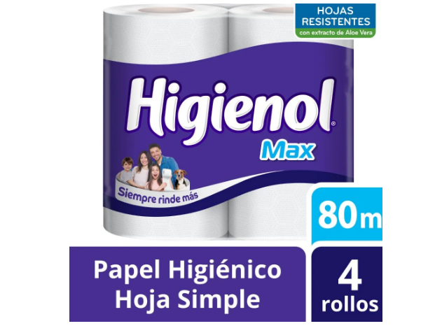 Papel Higiénico Higienol Max hoja simple 80 m 4 Ud.