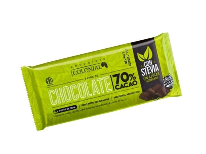 Barra de chocolate orgánico negro 70% cacao con stevia colonial