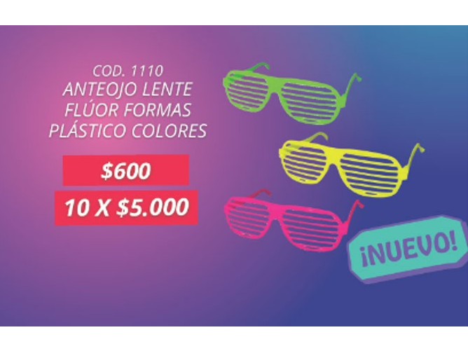 ANTEOJO LENTE FLUOR FORMAS PLASTICOS COLORES POR UNIDAD