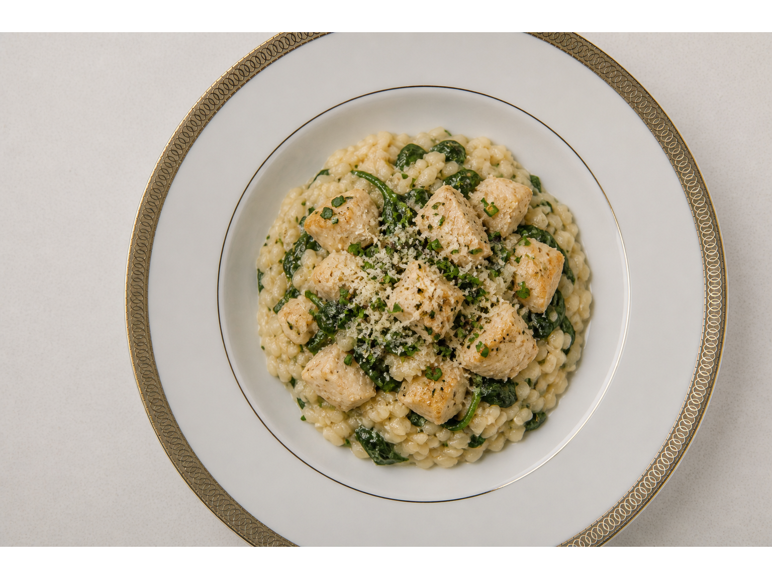 Risotto de pollo y espinaca