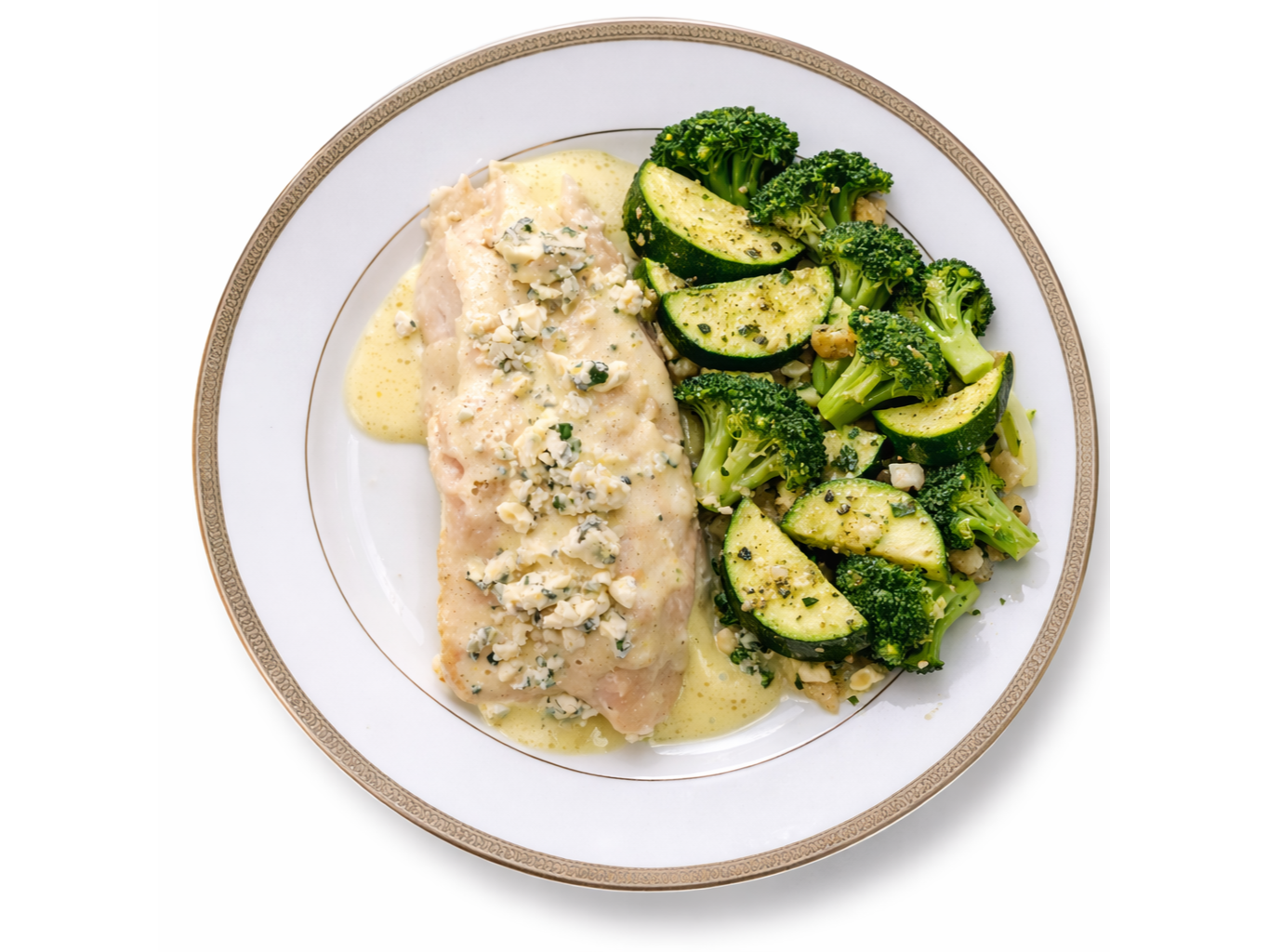 Pescado al queso azul con calabacin , y brocoli salteados KETO