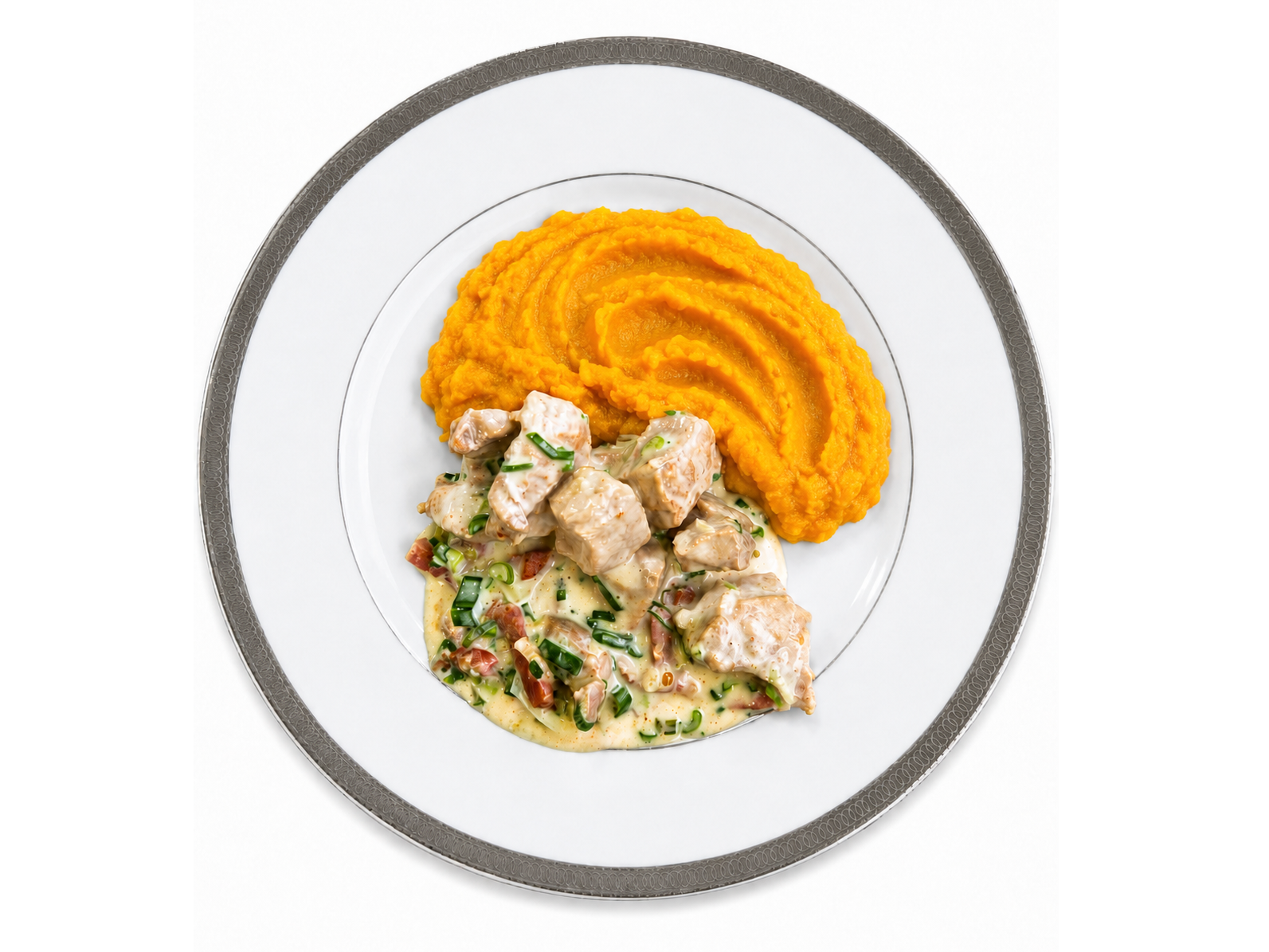 Cerdo con crema de panceta y pure de calabaza . KETO.