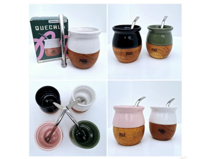 Mate de cerámica con madera y bombilla
