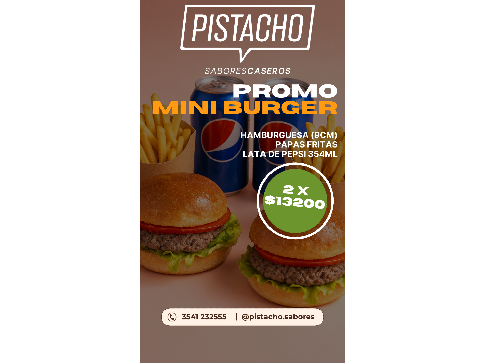 2 MINI BURGER+ PAPAS+ 2 LATA PEPSI de Pistacho Sabores Caseros