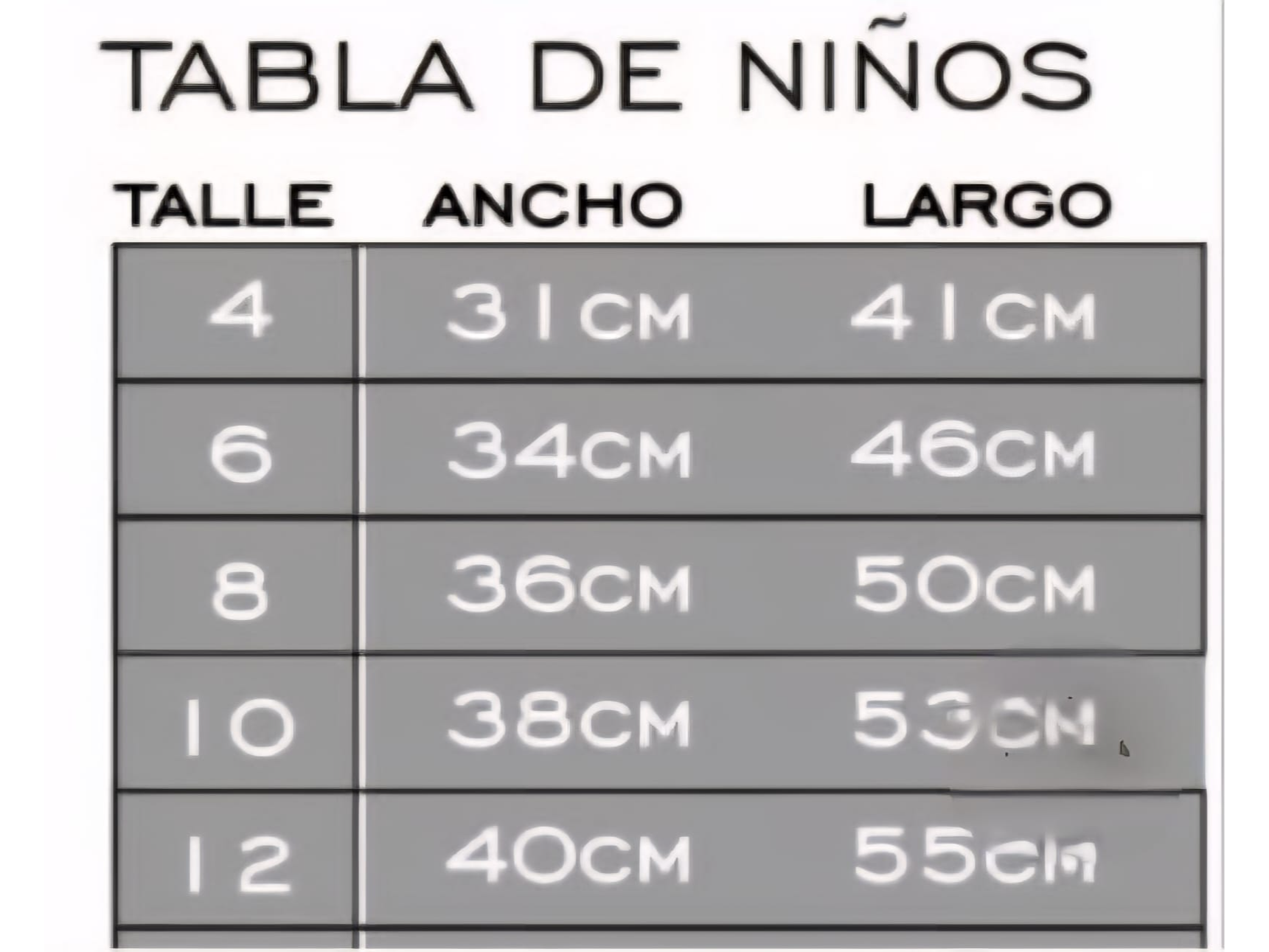 Tabla de talles Niñxs