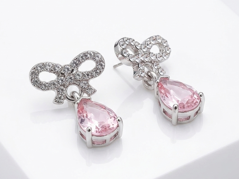 Aros moños con stras y colgante color Rosa
